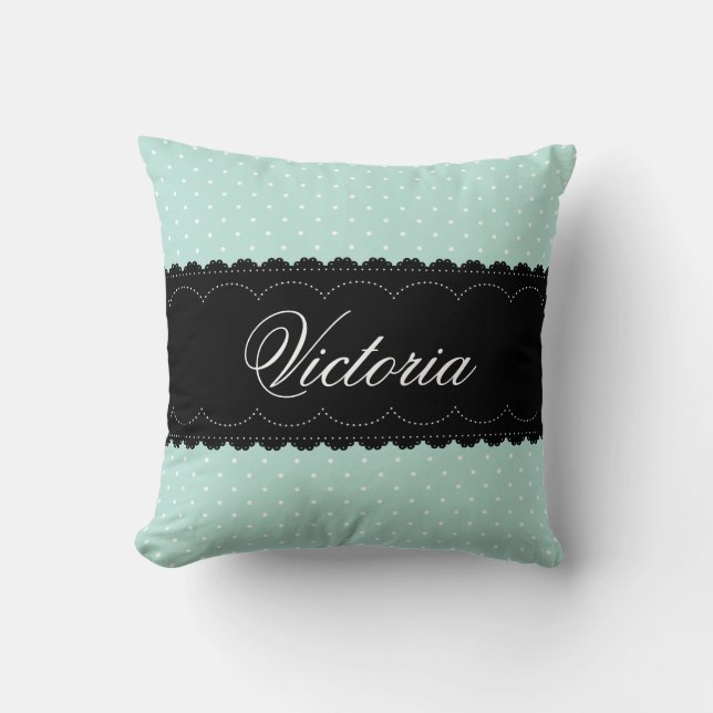 Coussin Elégante Monnaie Bleue Polka Dot Noir Dentelle Nom (Recto)