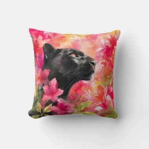 Coussin Élégante panthère noire florale sauvage florissant