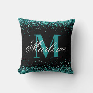 Coussin Élégante Parties scintillant Turquoise Monogramme 