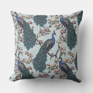 Coussin Elégante Peacocks Bleus, Fleurs Magnolia, Branches