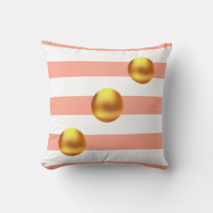 Coussin Élégantes boules d'or sur rose et blanc rayé