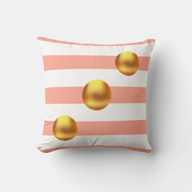 Coussin Élégantes boules d'or sur rose et blanc rayé (Recto)