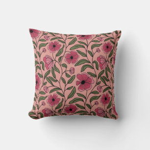 Coussin Élégantes fleurs roses avec feuilles verts
