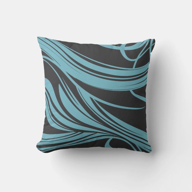Coussin Elégantes lignes de flux en turquoise sur noir (Recto)