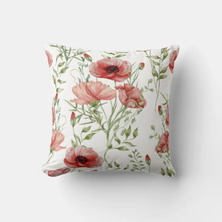Coussin Élégantes Pavots Rouges Aquarelle Botanique