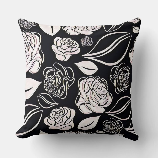 Coussin Élégantes Roses et Feuilles noirs et blancs (Recto)