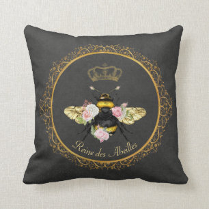 Coussin Élégantes roses roses Reine abeille grise or