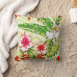 Coussin Élégants Feuilles tropicaux et fleurs d'Hibiscus  