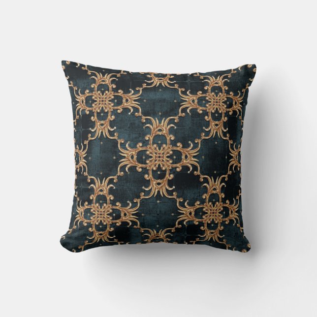 Coussin Eléments dorés baroques, turquoise foncé sans soud (Recto)