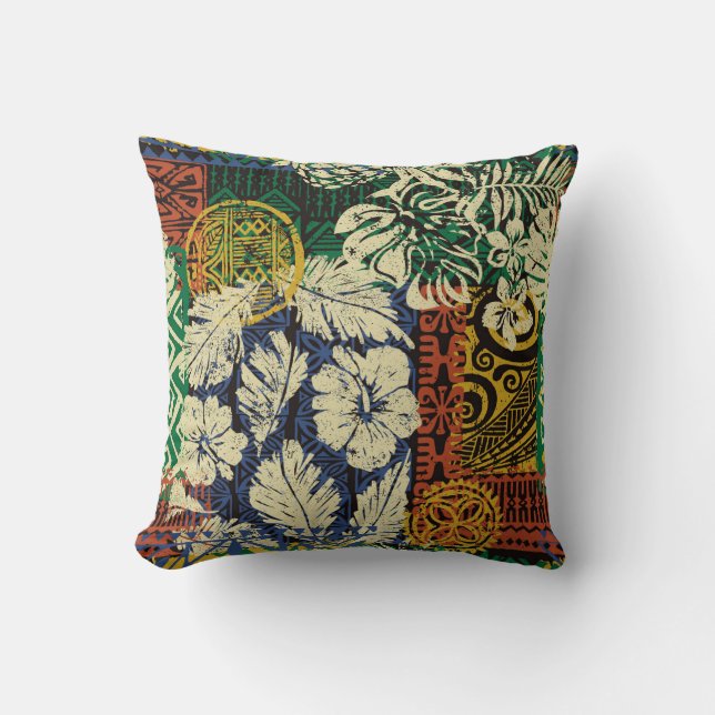 Coussin Éléments tribaux hawaïens et tissu hibiscus (Recto)