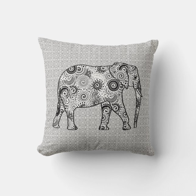 Coussin Éléphale tourbillon fractal - gris, noir et blanc (Recto)