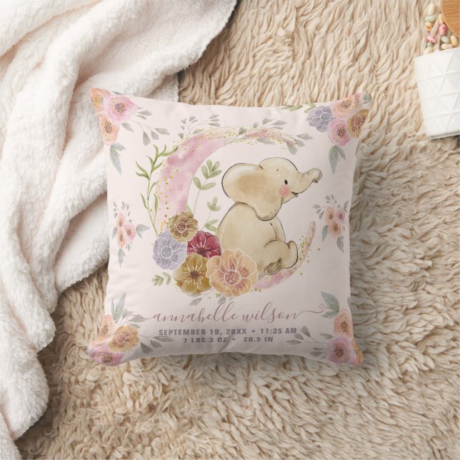 Coussin Elephant Baby Girl Birth Stats Photo (Couverture)