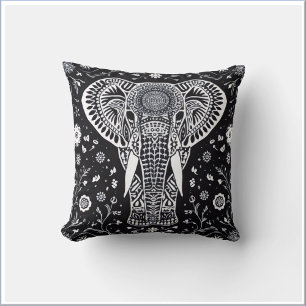 Coussin Éléphant en batik noir et blanc Boho