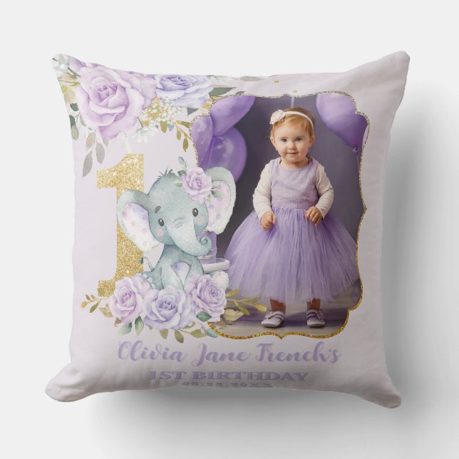 Coussin Eléphant Floral Violet 1er Anniversaire Photo Keep (Recto)