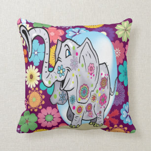 Coussin Éléphant hippie mignon avec les fleurs colorées