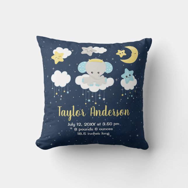 Coussin Eléphant Jaune et la Marine Statistiques de naissa (Recto)