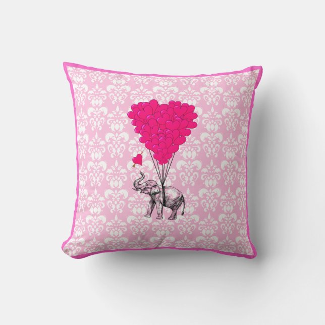 Coussin Éléphant mignon drôle et damassé rose (Recto)