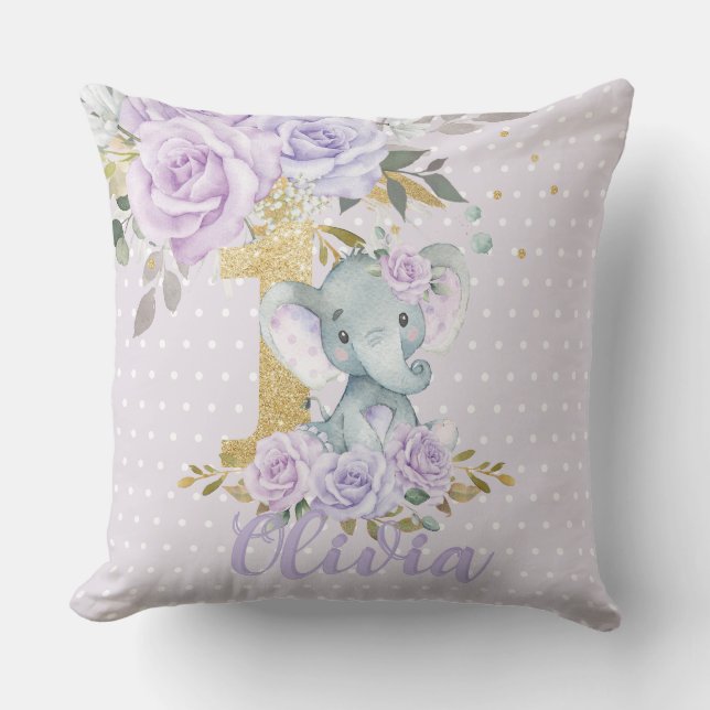 Coussin Eléphant mignon floral pourpre 1er anniversaire Ke (Recto)