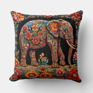 Coussin Éléphant Orné de Motifs Floraux Vibrants