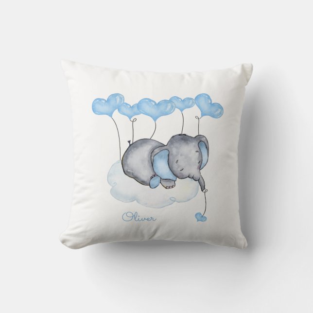 Coussin Elephant sur le nuage - Grey Blue Baby Boy Nursery (Recto)