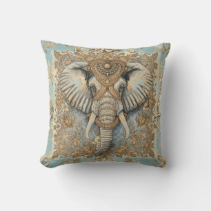 Coussin Éléphant Vintage, Éléphant Antique, Bleu Doux Or
