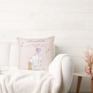 Coussin Éléphanteau fille rose et aquarelle de ballon