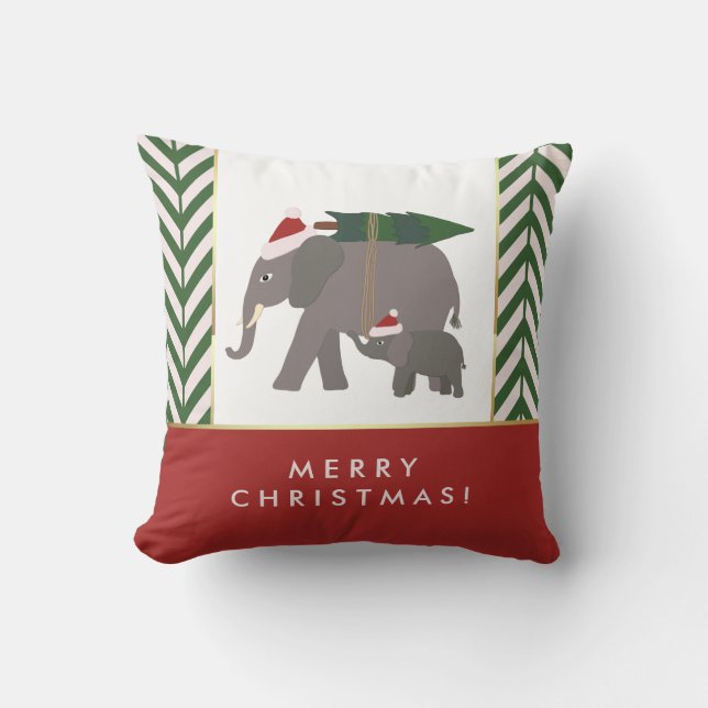 Coussin Éléphants de Noël avec les casquettes, l'arbre, et (Recto)