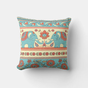 Coussin Eléphants, fleurs, motif ethnique rayé