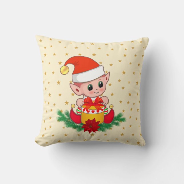 Coussin elfe de Noël, pin, poinsettia & étoiles sur ivoire (Recto)