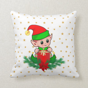 Coussin elfe de Noël, pin, poinsettia & stars