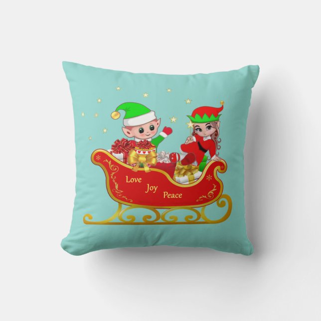 Coussin Elfe mignon sur la traînée de Noël Turquoise (Recto)