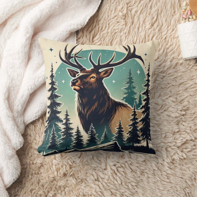 Coussin Elk dans une forêt stylisée avec ciel étoilé (Couverture)