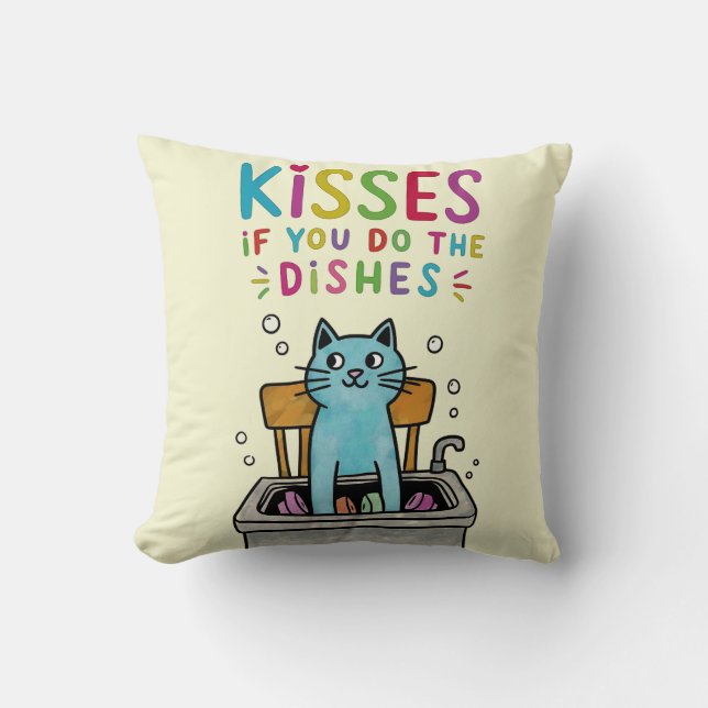 Coussin Embrasse si tu fais la vaisselle mignonne chat lav (Recto)