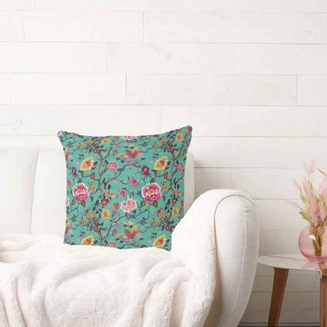 Coussin Embroidered Look Chinoiserie Turquoise (Canapé)