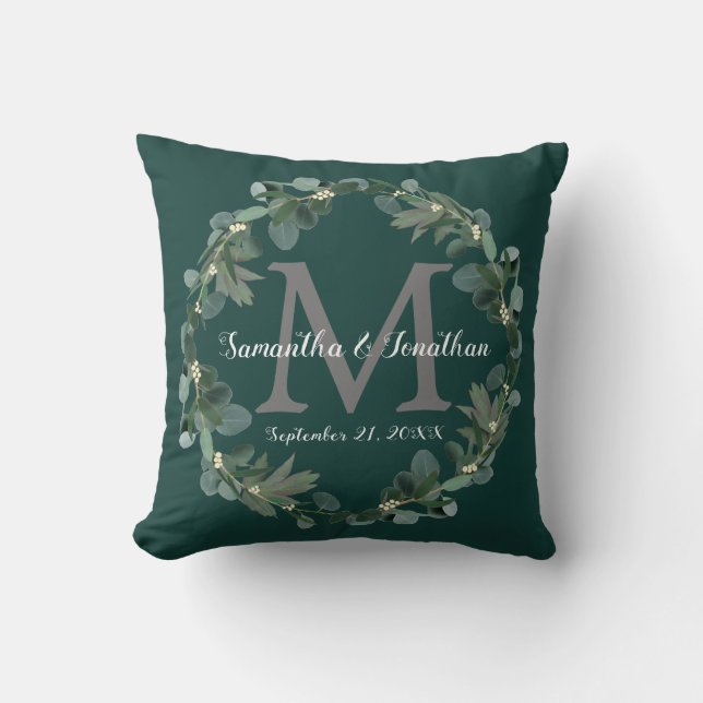 Coussin Emerald Green Eucalyptus Monogram Mariage Keepsaké (Recto)
