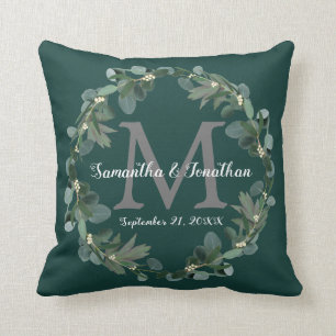 Coussin Emerald Green Eucalyptus Monogram Mariage Keepsaké