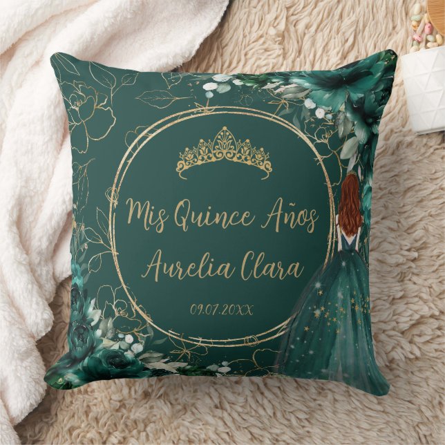 Coussin Emerald Green Floral Princess Quinceañera Keepsaké (Couverture)