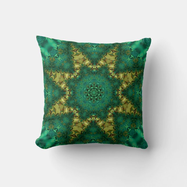 Coussin Emerald Green + Gold Geo-Fractal Art Cushion (Recto)