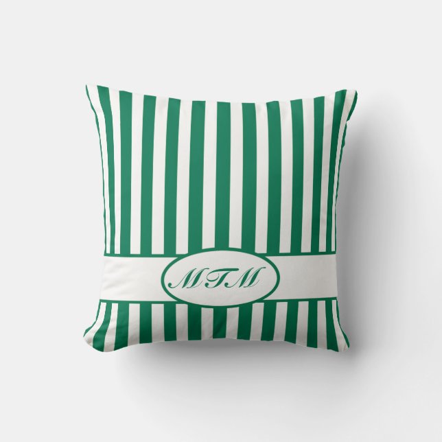 Coussin Émeraude à rayures automnales avec monogramme (Recto)