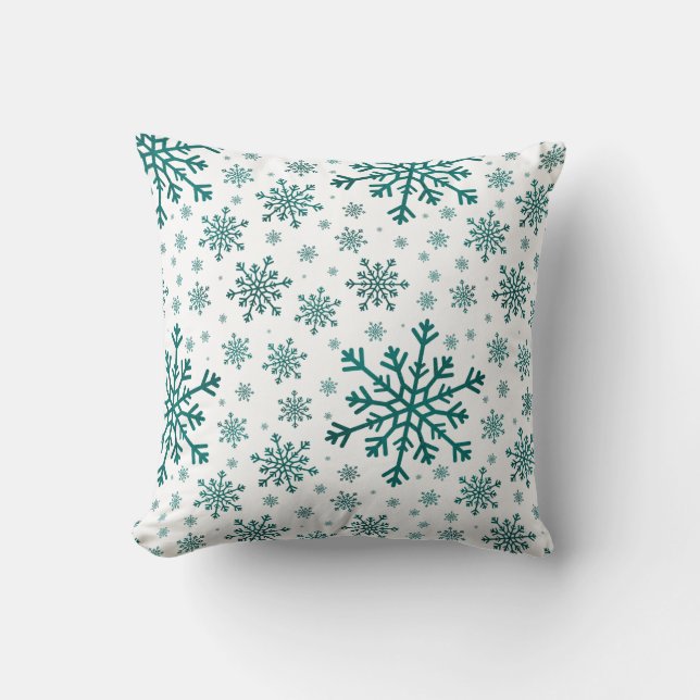 Coussin Émeraude Vert Noël Snowflakes sur Blanc d'hiver (Recto)