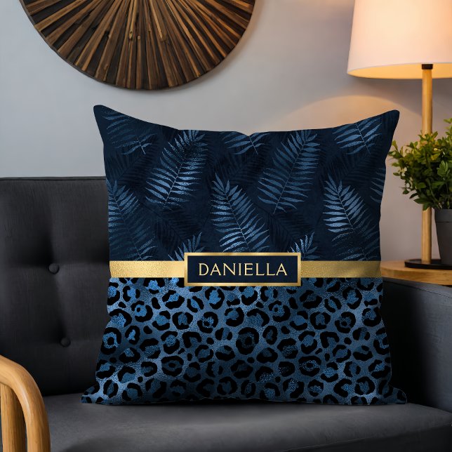 Coussin Empreinte de léopard bleu Shimmer Nom floral tropi (Créateur téléchargé)