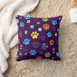Coussin Empreinte de patte coloré, Motif de coeur et de fl