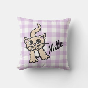 Coussin en vichy chat à motif violet et blanc pillow