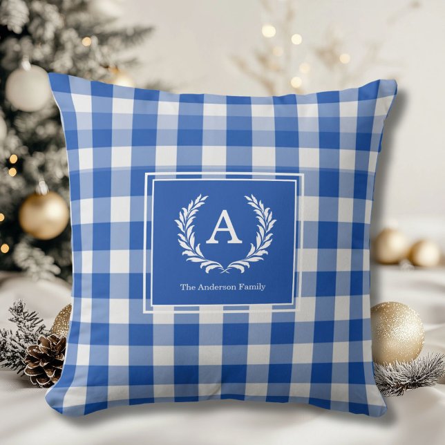 Coussin En vichy monogramme bleu (Custom Blue Gingham Monogram Crest Throw Pillow)
