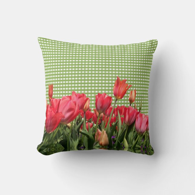 Coussin En vichy vert et tulipes rouges (Recto)