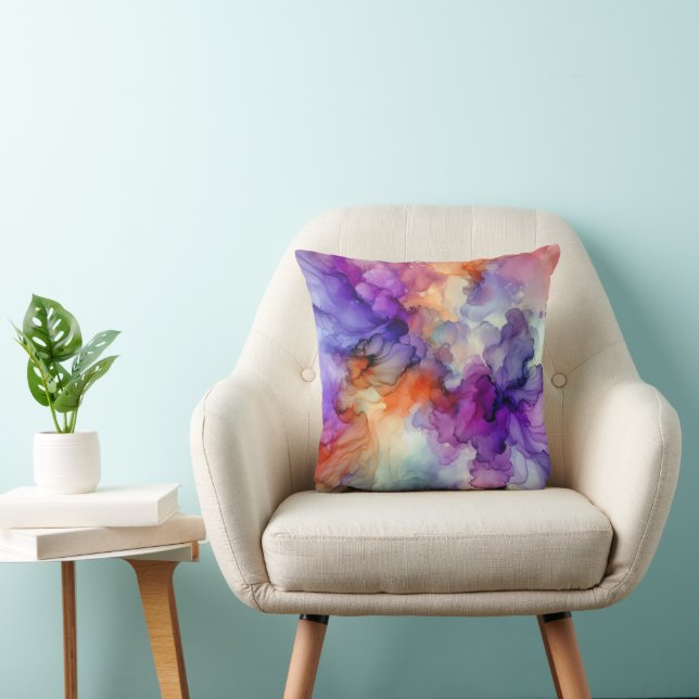 Coussin Encre d'alcool orange et violet Abstraite (Chaise)