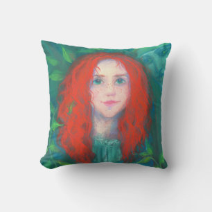 Coussin Enfant de la forêt, fille aux cheveux rouges, tein
