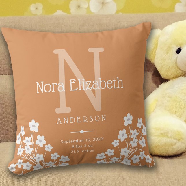 Coussin Enfant Fille de naissance Statistiques Fleurs Mono (Créateur téléchargé)