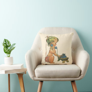 Coussin Enfant Vintage Mignonne Fille Blonde Parlant sur u