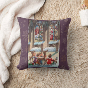 Coussin Enfants à la fenêtre de l'église de Noël